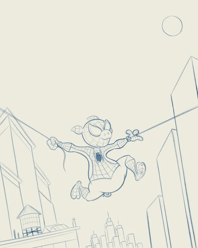 Etapa 2: sketch refinado do Spider-Pig entre os prédios